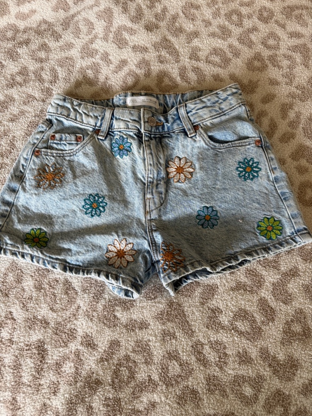 Zara Girls Embroidered Floral Light Wash Denim Shorts - Blue